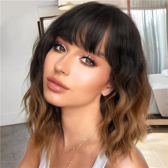 Nnzes Short Wavy Wig with Bangs for Women Shoulder Length Bob Curly Women\'s
